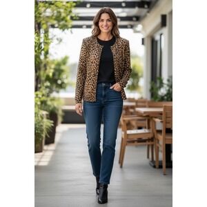 Lauren Ralph Lauren Leopard Print Silk Blend Cardigan Sweater Brown Tan Womens M